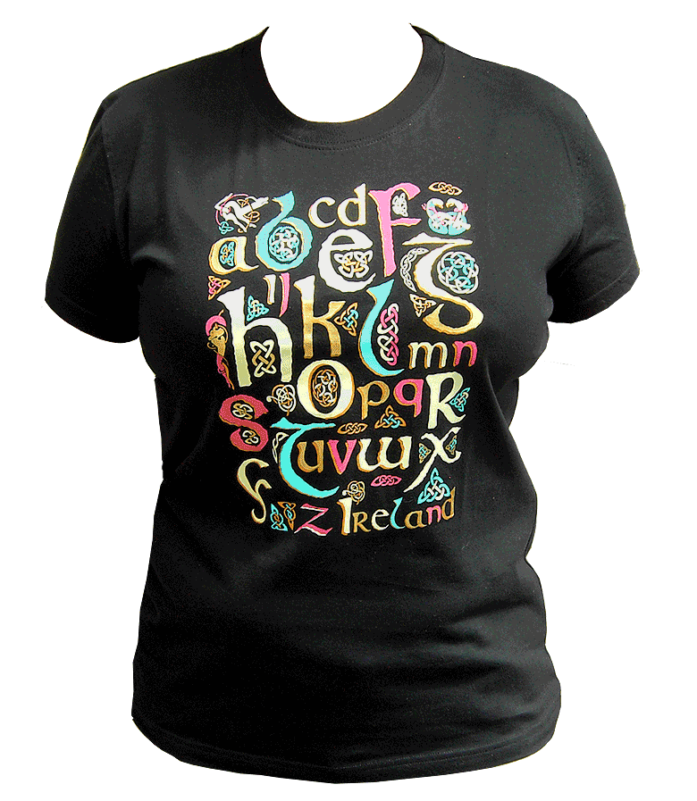 schwarzes Damen-T-Shirt mit keltischen Schriftzeichen
